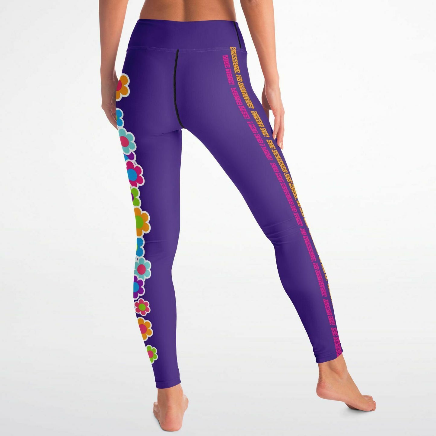 Flower power with positive sayings galore! Yoga pants - purple with magenta/orange
