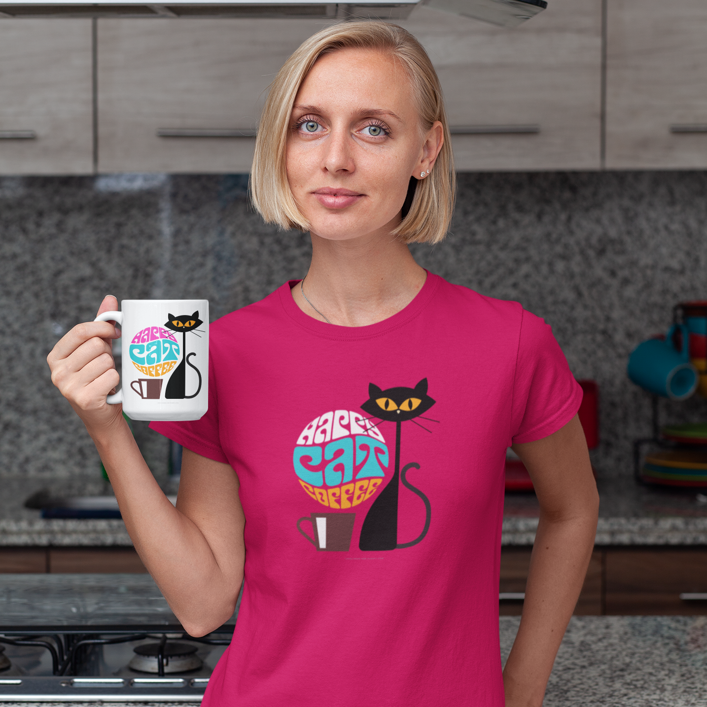 Happy Cat Coffee Women's T-Shirt - Magenta