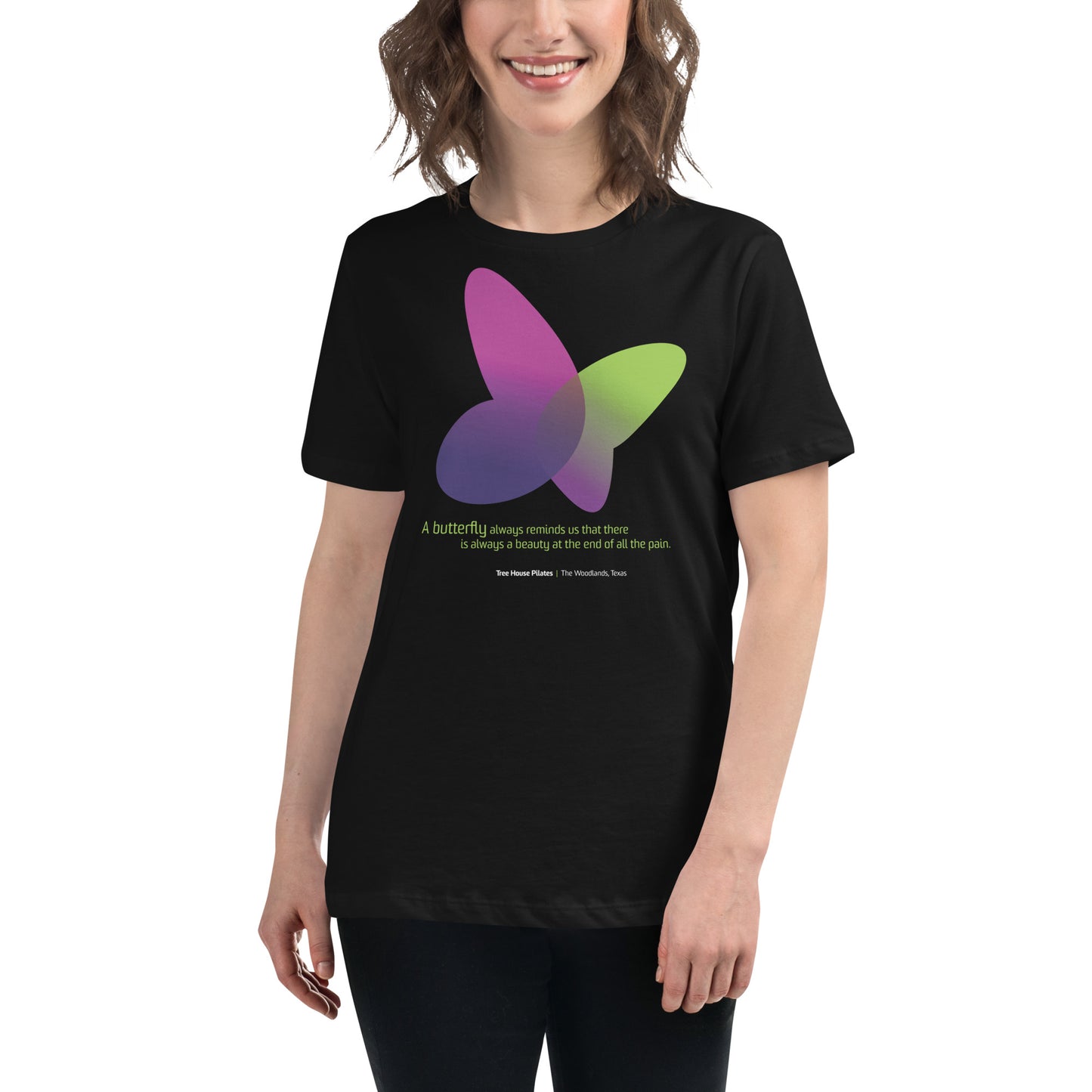1x-Tree House Pilates Butterfly Women's Black T-Shirt